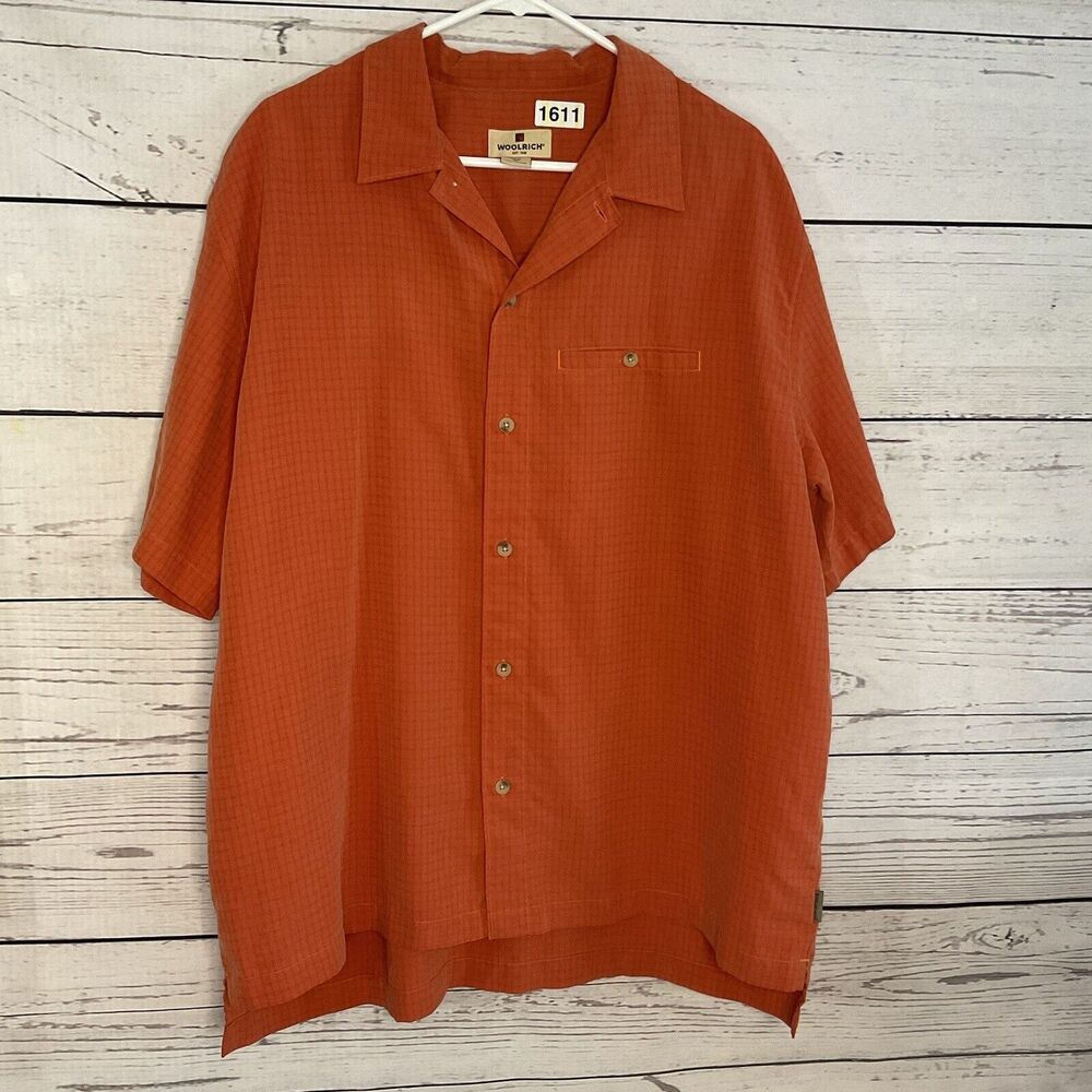 Woolrich Mens XL Short‎ Sleeve Button Down Shirt Orange Textured Grid Pocket